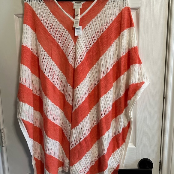 Chico's Sweater Womens OS One Size Coral White Striped Poncho Shawl Knit Top NWT - Picture 2 of 5